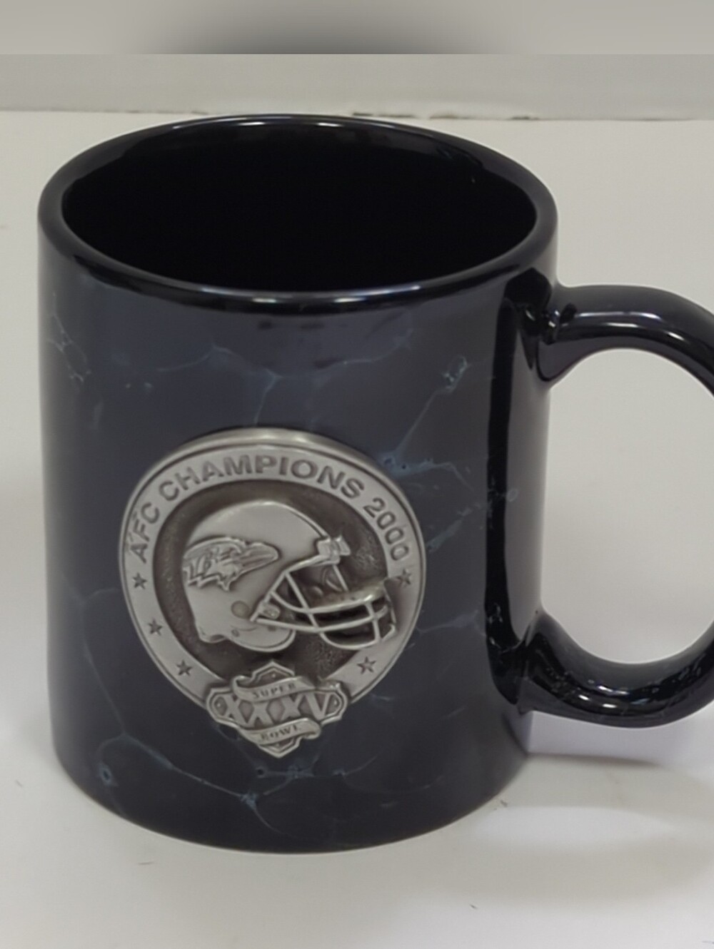 Vintage Commerative Super Bowl 2000 Ravens Mug Pewter Emblem Ceramic